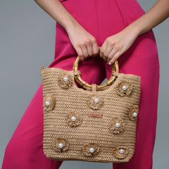 Bohemian U-Shaped Natural Raffia & Cane Handle Tote Bag with Floral Pattern | Rebque Unveil Luxury