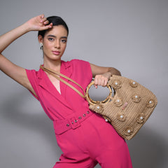Bohemian U-Shaped Natural Raffia & Cane Handle Tote Bag with Floral Pattern | Rebque Unveil Luxury
