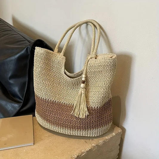 Boho Straw Tote Bag with Lining & Zipper | Woven Bohemian Beach Shoulder Bag | Unique Birthday Gift for Her (Beige)