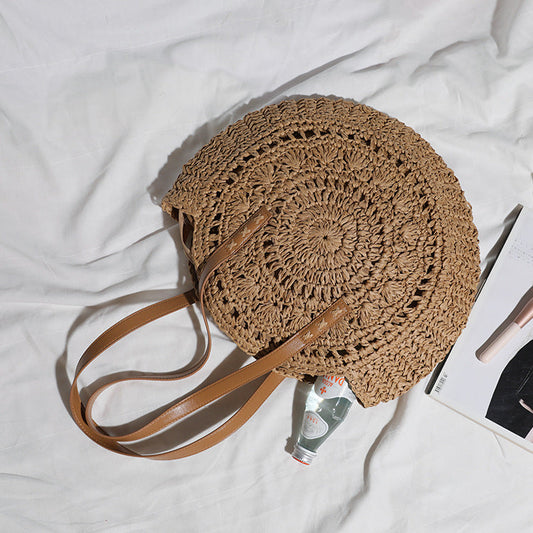 Handwoven Straw Beach Bag with Hollow-Out Design, Vegan Leather Strap, Lining with Zip & Pocket (Brown)