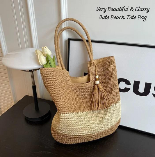 Boho Straw Tote Bag with Lining & Zipper | Woven Bohemian Beach Shoulder Bag | Unique Birthday Gift for Her (Brown)