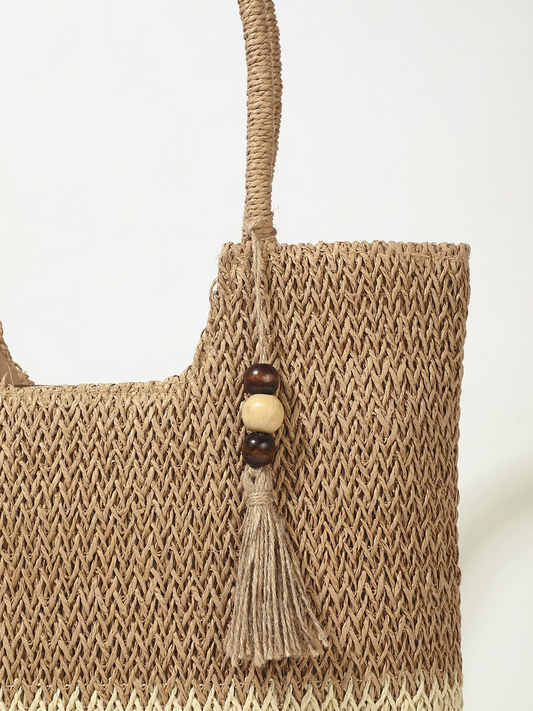 Boho Straw Tote Bag with Lining & Zipper | Woven Bohemian Beach Shoulder Bag | Unique Birthday Gift for Her (Brown)