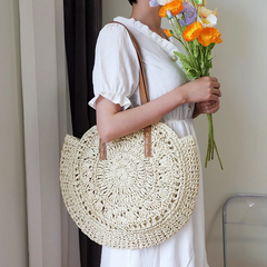 Handwoven Straw Beach Bag with Hollow-Out Design, Vegan Leather Strap, Lining with Zip & Pocket (Beige)