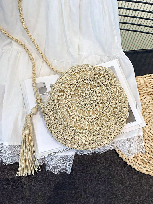 Natural Raffia Hollow Crossbody Sling Bag | Handwoven Beach Sling | Sustainable Summer Fashion (Beige)