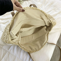 Handwoven Straw Beach Bag with Hollow-Out Design, Vegan Leather Strap, Lining with Zip & Pocket (Beige)