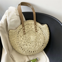 Handwoven Straw Beach Bag with Hollow-Out Design, Vegan Leather Strap, Lining with Zip & Pocket (Beige)