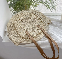 Handwoven Straw Beach Bag with Hollow-Out Design, Vegan Leather Strap, Lining with Zip & Pocket (Beige)