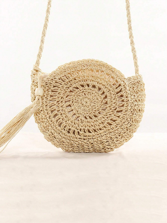 Natural Raffia Hollow Crossbody Sling Bag | Handwoven Beach Sling | Sustainable Summer Fashion (Beige)