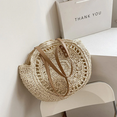 Handwoven Straw Beach Bag with Hollow-Out Design, Vegan Leather Strap, Lining with Zip & Pocket (Beige)