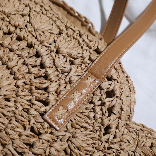 Handwoven Straw Beach Bag with Hollow-Out Design, Vegan Leather Strap, Lining with Zip & Pocket (Brown)