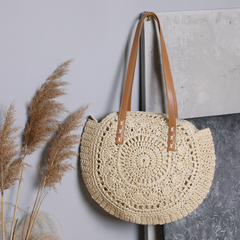 Handwoven Straw Beach Bag with Hollow-Out Design, Vegan Leather Strap, Lining with Zip & Pocket (Beige)