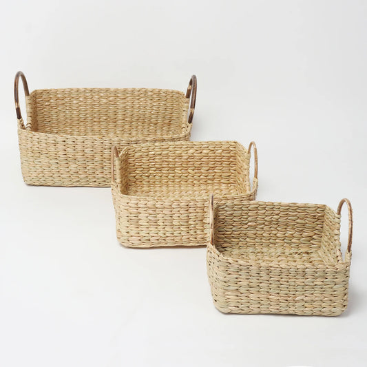 Hand-Braided Seagrass Fruit Hamper Basket Set of 3 with Cane Handles