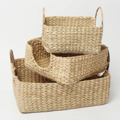 Hand-Braided Seagrass Fruit Hamper Basket Set of 3 with Cane Handles