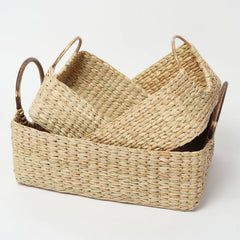 Hand-Braided Seagrass Fruit Hamper Basket Set of 3 with Cane Handles