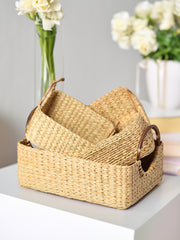 Hand-Braided Seagrass Fruit Hamper Basket Set of 3 with Cane Handles