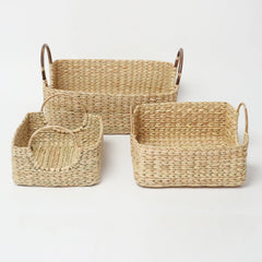 Hand-Braided Seagrass Fruit Hamper Basket Set of 3 with Cane Handles