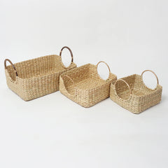 Hand-Braided Seagrass Fruit Hamper Basket Set of 3 with Cane Handles