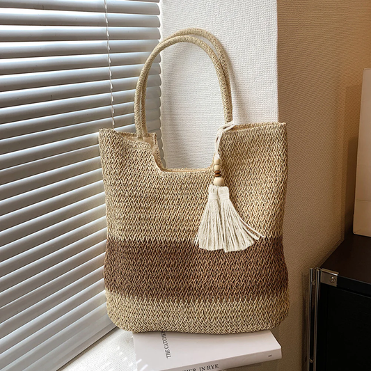 Boho Straw Tote Bag with Lining & Zipper | Woven Bohemian Beach Shoulder Bag | Unique Birthday Gift for Her (Beige)