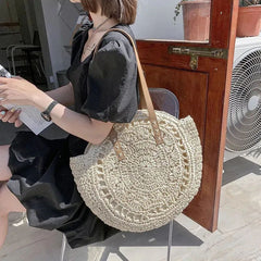 Handwoven Straw Beach Bag with Hollow-Out Design, Vegan Leather Strap, Lining with Zip & Pocket (Beige)