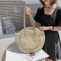 Handwoven Straw Beach Bag with Hollow-Out Design, Vegan Leather Strap, Lining with Zip & Pocket (Beige)