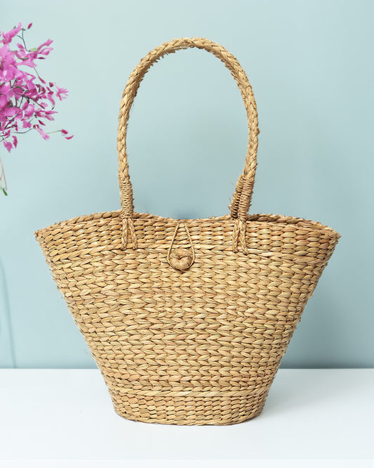 Handcrafted Boat-Shaped Seagrass Basket with Shoulder Handle & Button Strap