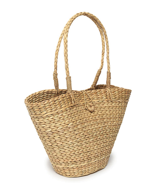 Handcrafted Boat-Shaped Seagrass Basket with Shoulder Handle & Button Strap