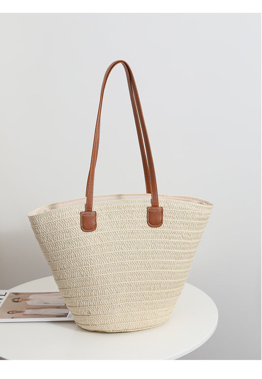 Natural Raffia Straw Tote Bag with Vegan Leather Handles | Eco-Friendly Summer Bag | Chic Everyday Tote for Women (Beige)