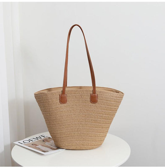 Natural Raffia Straw Tote Bag with Vegan Leather Handles | Eco-Friendly Summer Bag | Chic Everyday Tote for Women (Brown)