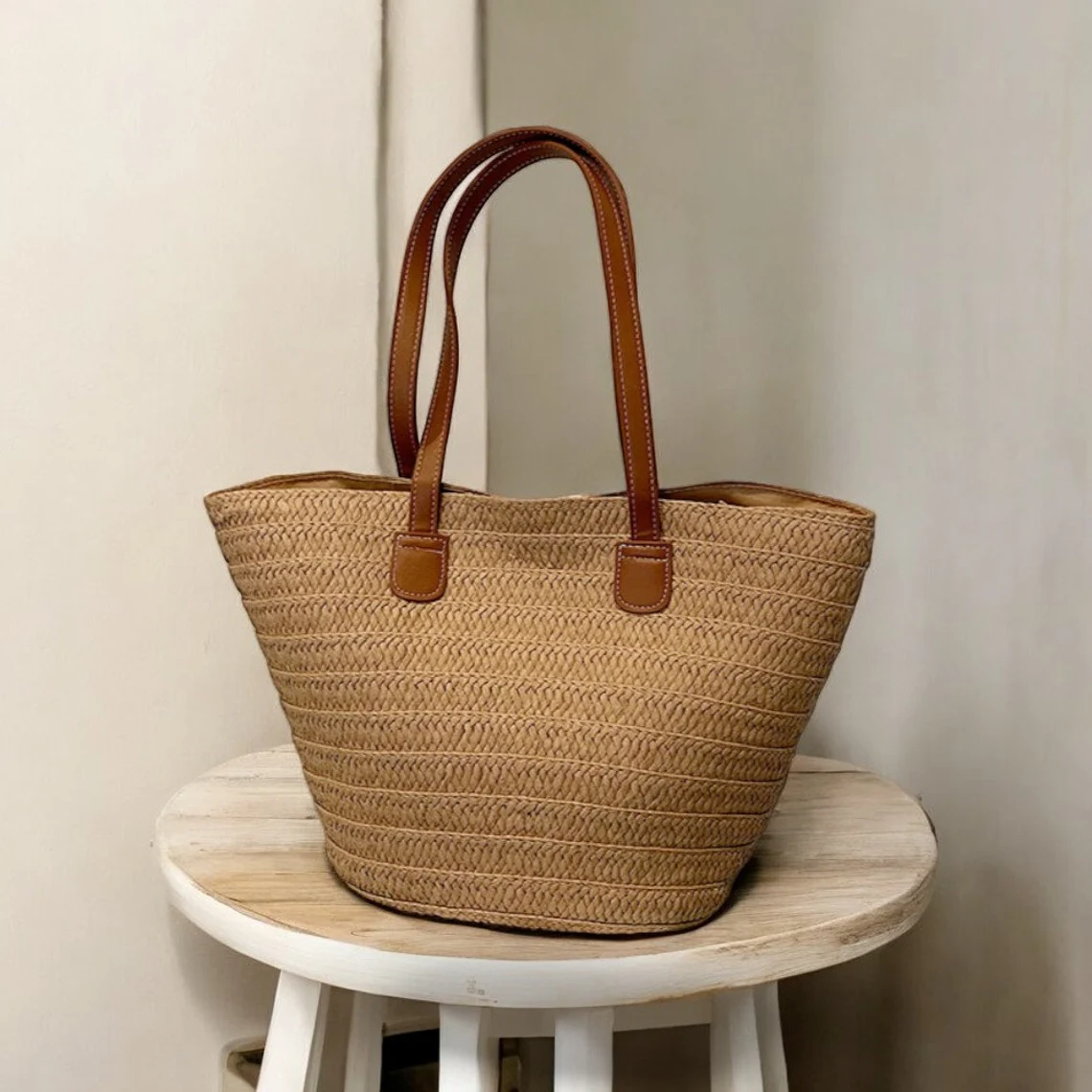 Straw Tote with Wooden Handle mix Silk Natural Vegan handbag shops