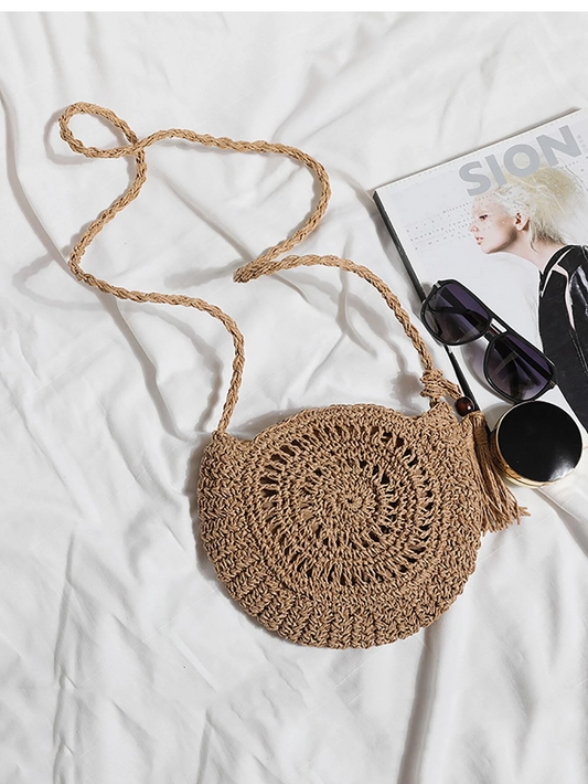 Natural Raffia Hollow Crossbody Sling Bag | Handwoven Beach Sling | Sustainable Summer Fashion (Brown)