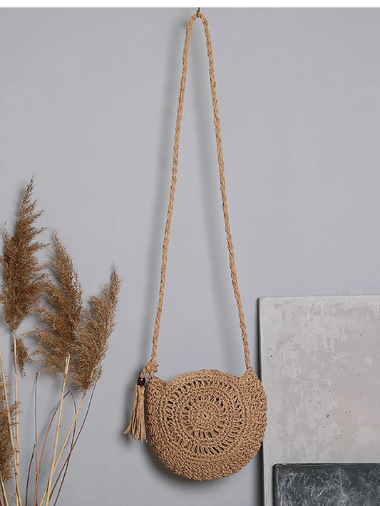 Natural Raffia Hollow Crossbody Sling Bag | Handwoven Beach Sling | Sustainable Summer Fashion (Brown)