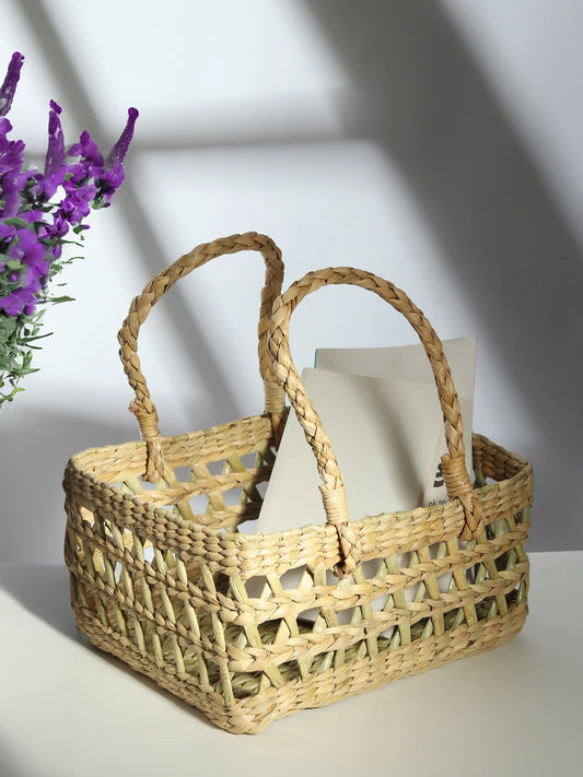 Seagrass Fruit Hamper Basket with Handle | Jali Pattern Design for Elegant Storage