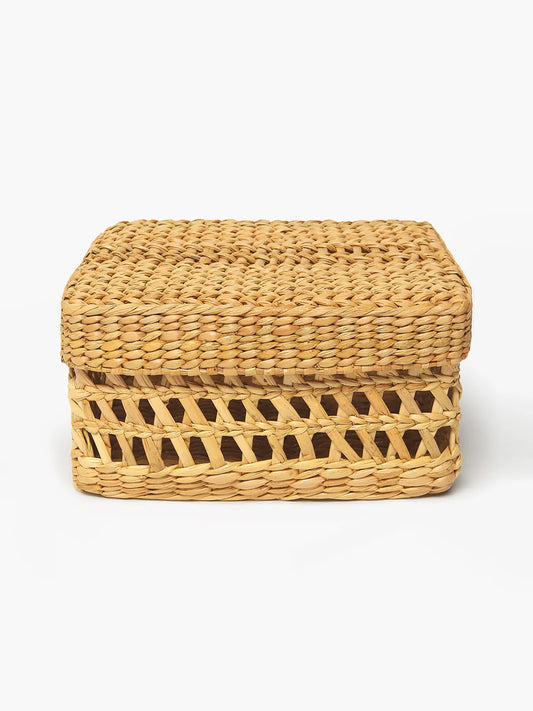 Hand-Braided Seagrass Box with Lid and Jali Pattern