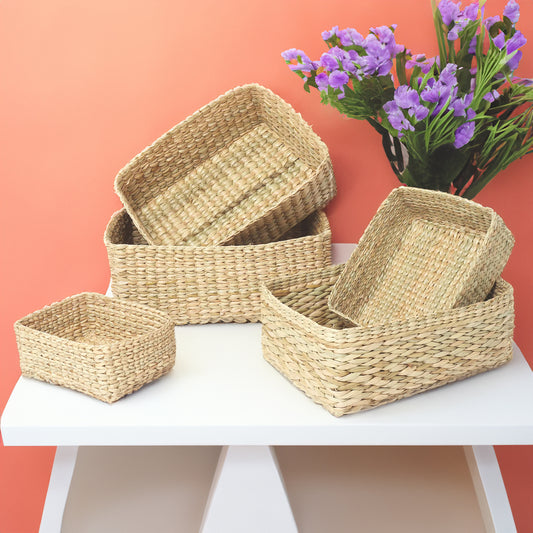 Seagrass Straw Shelf Storage Trays Set of 5 | Hand-Braided Baskets for Storage, Décor, and Gifts