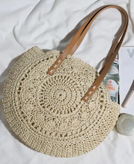 Handwoven Straw Beach Bag with Hollow-Out Design, Vegan Leather Strap, Lining with Zip & Pocket (Beige)